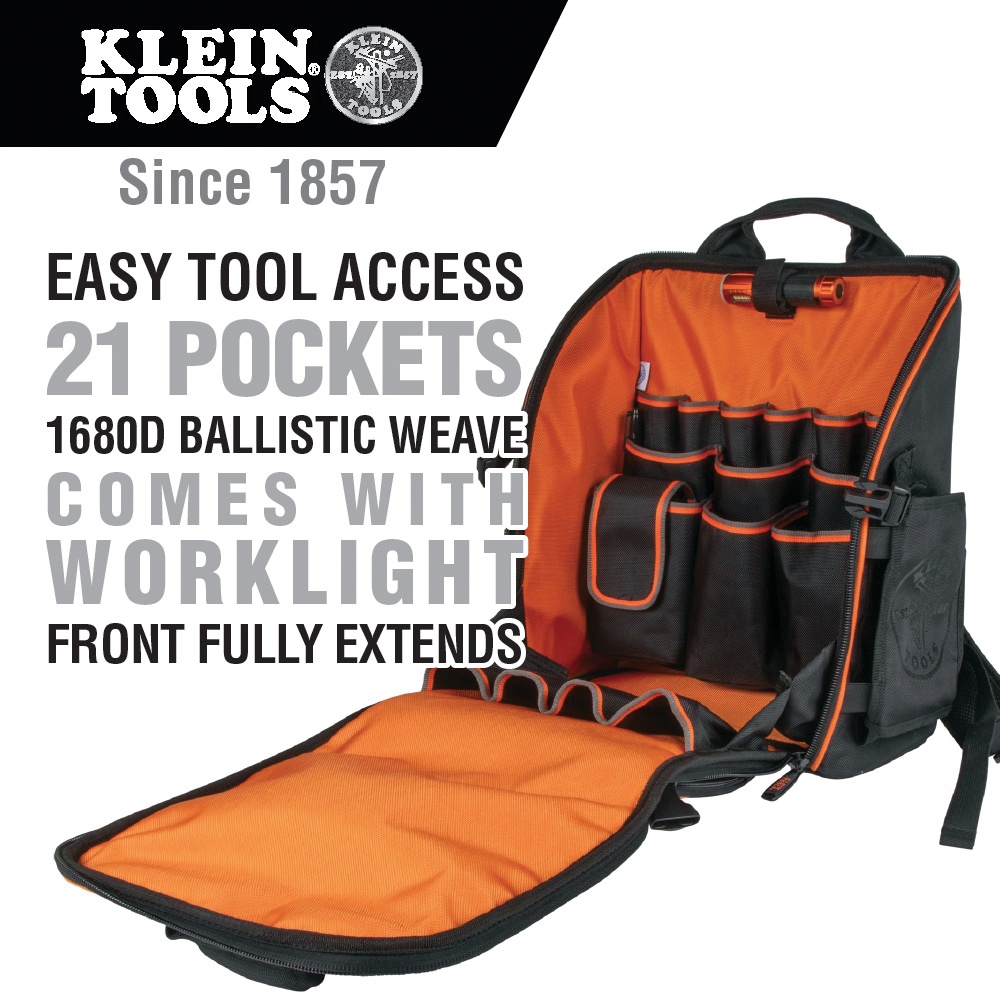 Klein Tools 55655 21-Pocket Tool Station Backpack With Worklight 1680D  Ballistic Weave Black/Orange/Gray