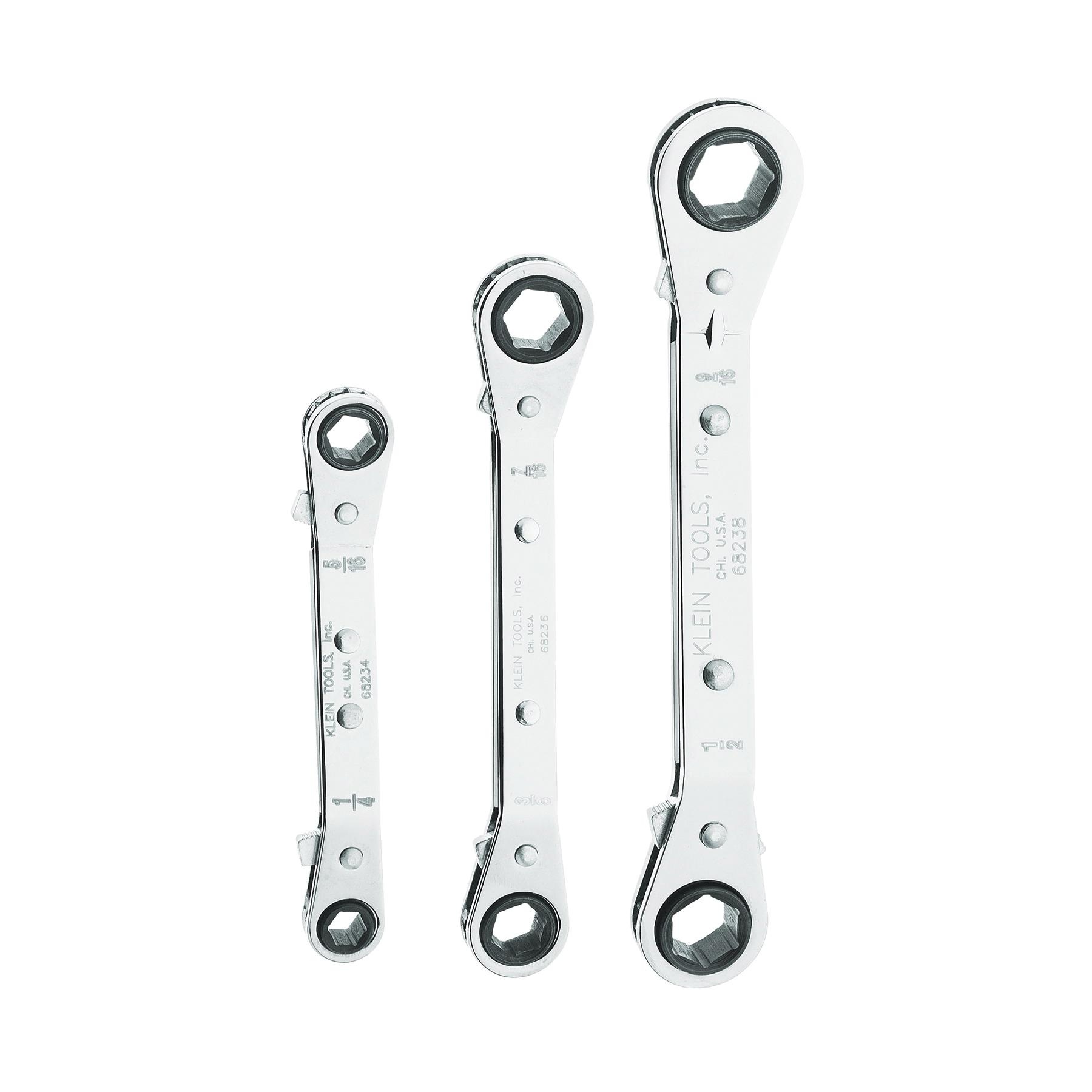 Klein Tools 68244 Chrome Plated 3-Piece Reversible Ratchet Box Wrench Set