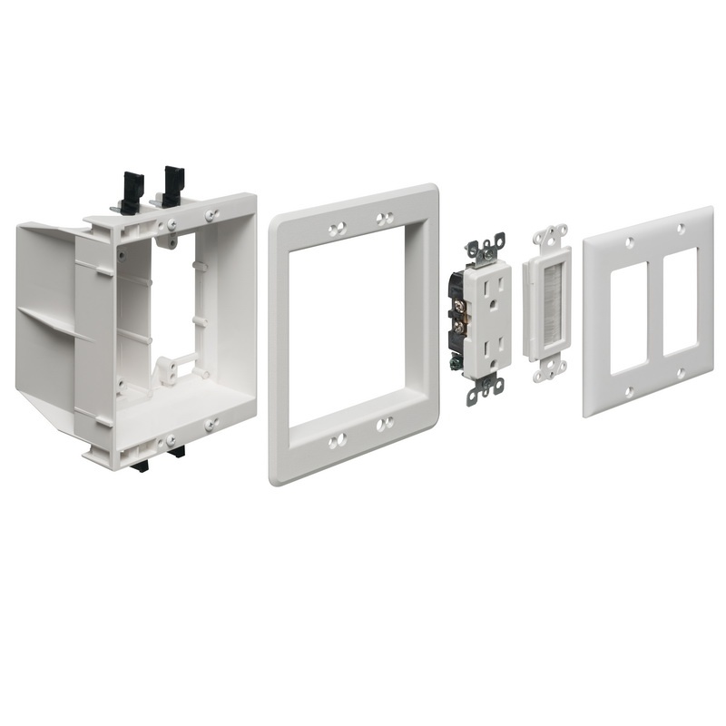 Arlington 2-Gang Recessed TV Box Wall Plate Low Voltage Power LCD TV Mount White