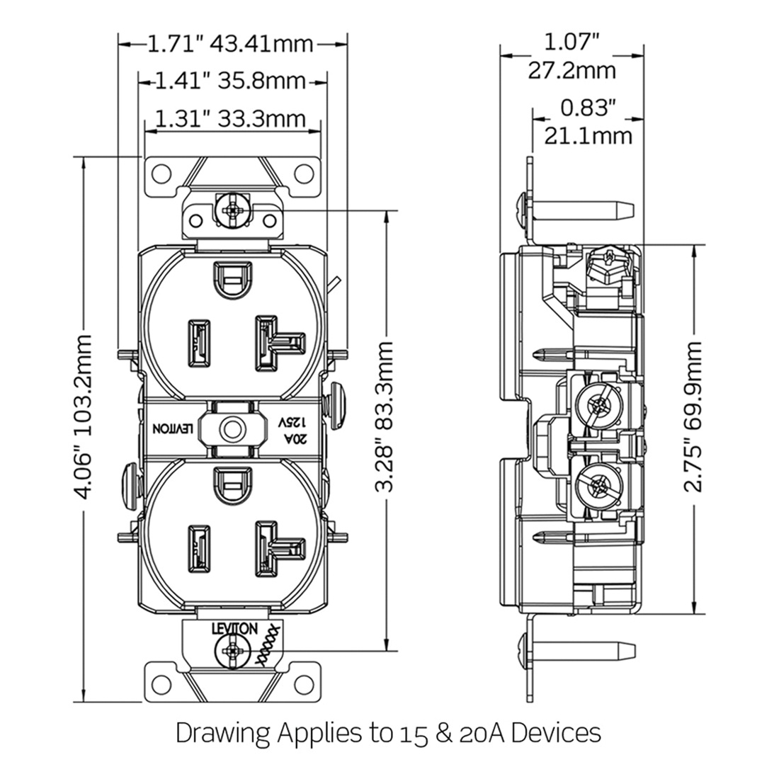 Leviton 16362 WIG 3 Wire 2 Pole Heavy Duty Isolated Ground Duplex Receptacle Outlet 125 Volt AC